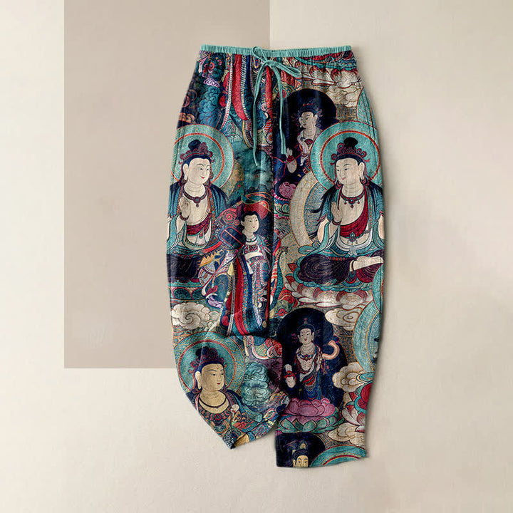 Buddha Stones Multiple Buddhas Pattern Elastic Waist Women's Pure Cotton Pants With Pockets - Turquoise - US16，UK/AU20，EU48 (3XL) - image 4