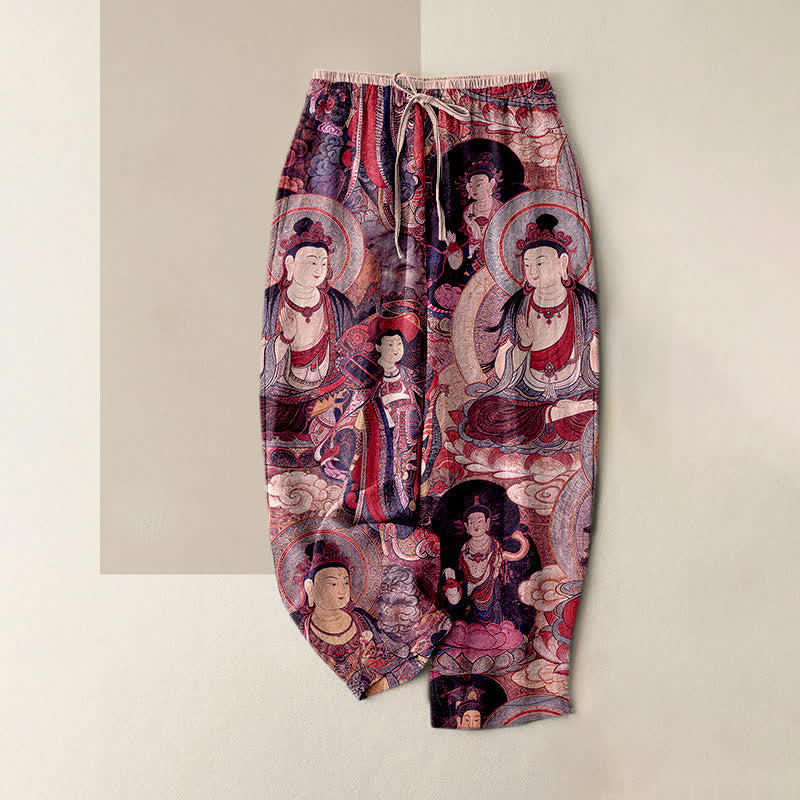 Buddha Stones Multiple Buddhas Pattern Elastic Waist Women's Pure Cotton Pants With Pockets - Pink - US16，UK/AU20，EU48 (3XL) - image 5