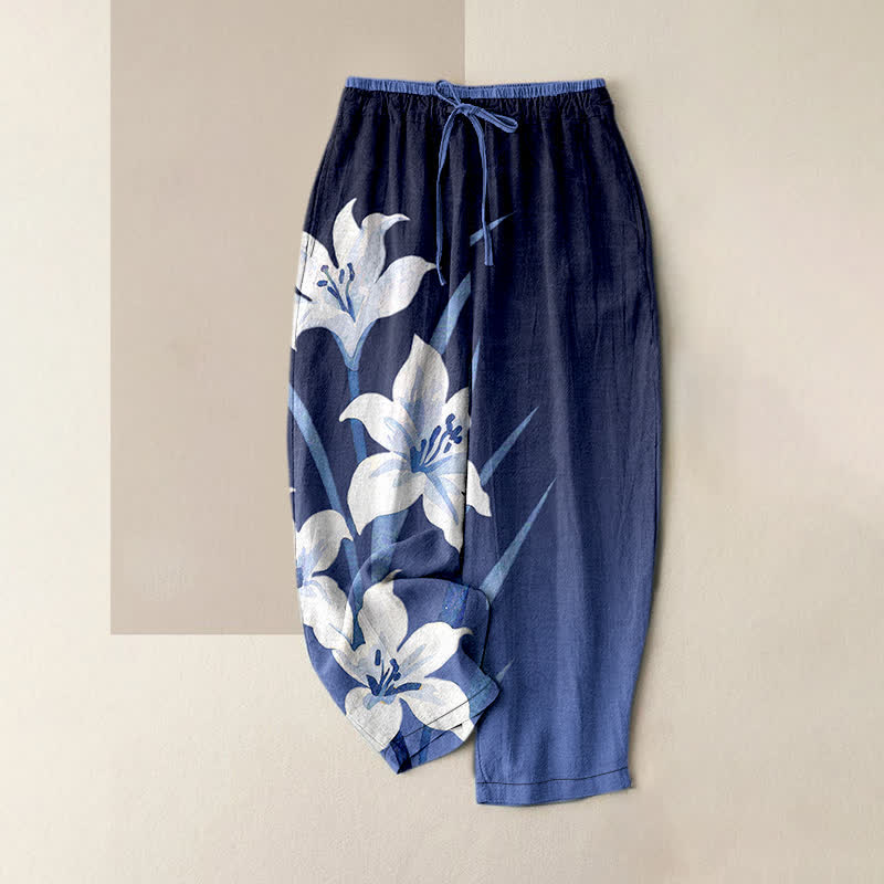 Buddha Stones Pure Cotton Lily Print Elastic Waist Drawstring Women's Pants With Pockets - RoyalBlue - US16，UK/AU20，EU48 (3XL) - image 0