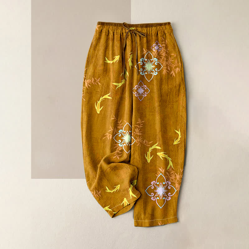 Buddha Stones Koi Fish Print Geometric Pattern Cotton Drawstring Women's Pants With Pockets - DarkGoldenrod - US16，UK/AU20，EU48 (3XL) - image 6