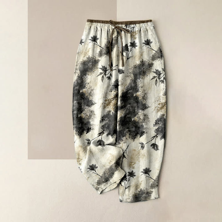Buddha Stones Ink Wash Painting Floral Elastic Drawstring Women's Pure Cotton Pants With Pockets - Beige - US16，UK/AU20，EU48 (3XL) - image 0