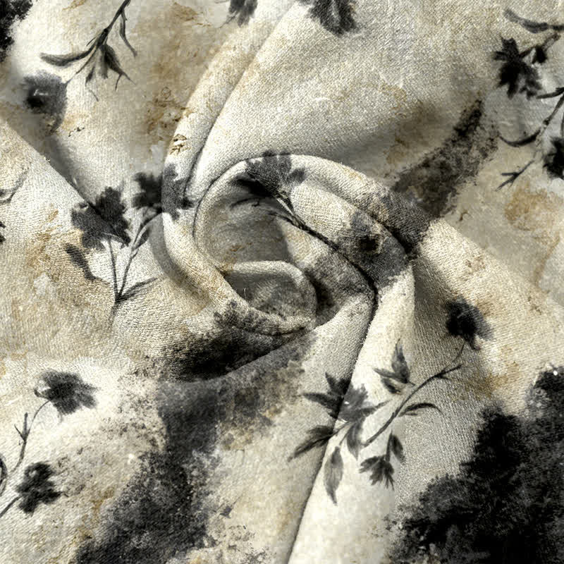 Buddha Stones Ink Wash Painting Floral Elastic Drawstring Women's Pure Cotton Pants With Pockets - image 2