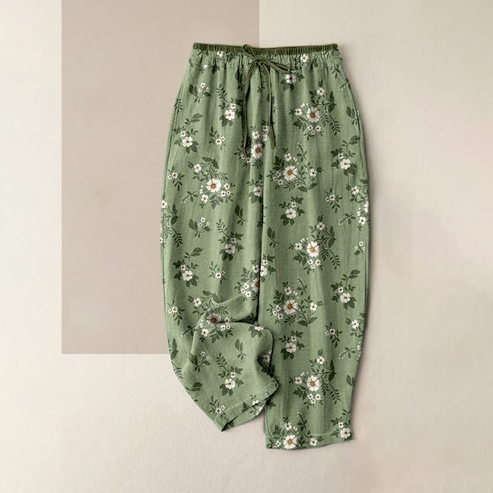 Buddha Stones Pure Cotton Ditsy Floral Elastic Waist Women's Pants With Pockets - DarkSeaGreen - US16，UK/AU20，EU48 (3XL) - image 0