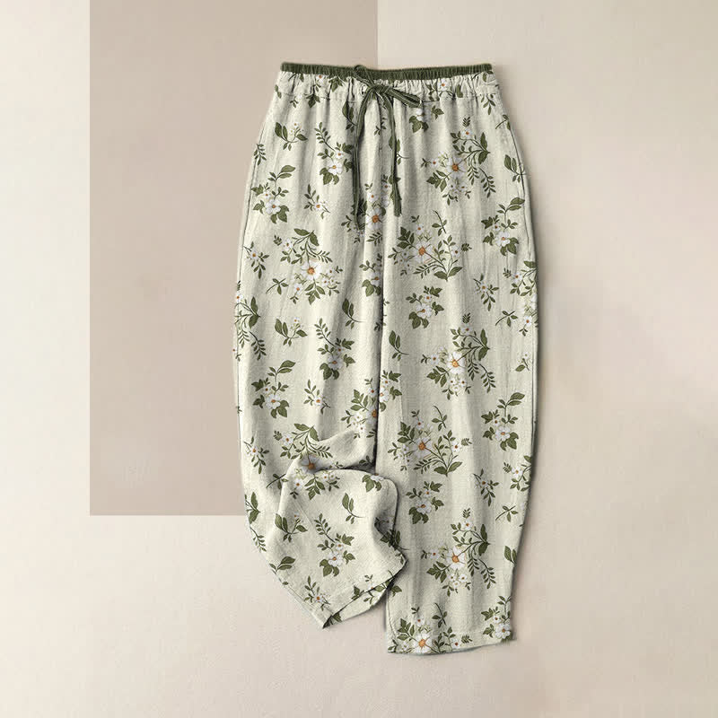 Buddha Stones Pure Cotton Ditsy Floral Elastic Waist Women's Pants With Pockets - Beige - US16，UK/AU20，EU48 (3XL) - image 3