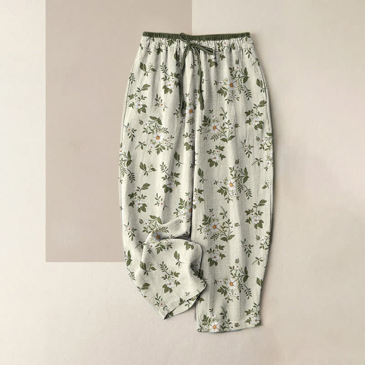 Buddha Stones Pure Cotton Ditsy Floral Elastic Waist Women's Pants With Pockets - Beige - US16，UK/AU20，EU48 (3XL) - image 3