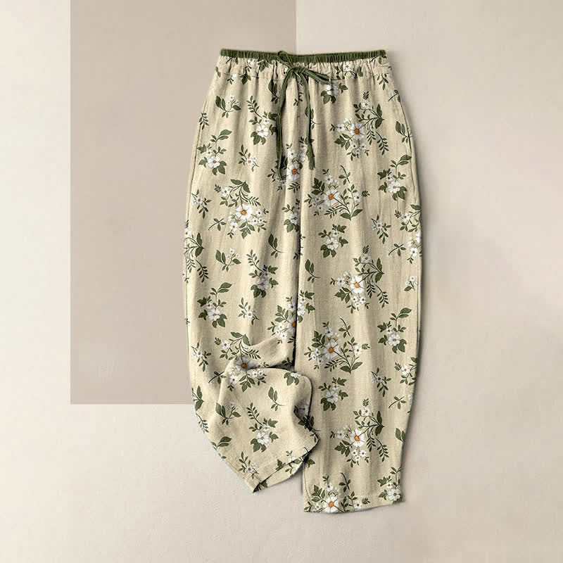 Buddha Stones Pure Cotton Ditsy Floral Elastic Waist Women's Pants With Pockets - PaleGoldenrod - US16，UK/AU20，EU48 (3XL) - image 6