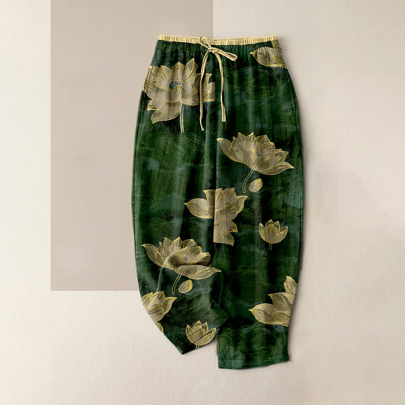 Buddha Stones Lotus Pattern Pure Cotton Elastic Waist Women's Pants With Pockets - DarkGreen - US16，UK/AU20，EU48 (3XL) - image 8