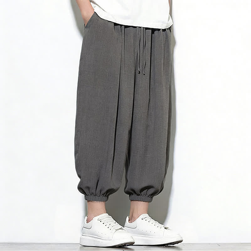 Buddha Stones Spring Solid Color Drawstring Elastic Design Men's Harem Capri Pants - image 16