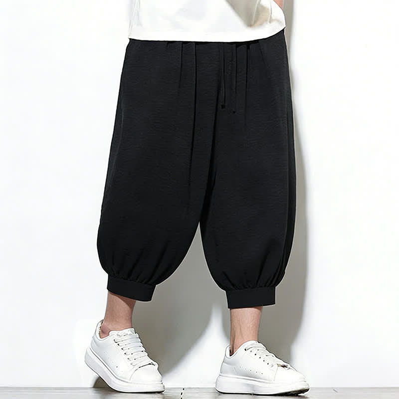 Buddha Stones Spring Solid Color Drawstring Elastic Design Men's Harem Capri Pants - image 25