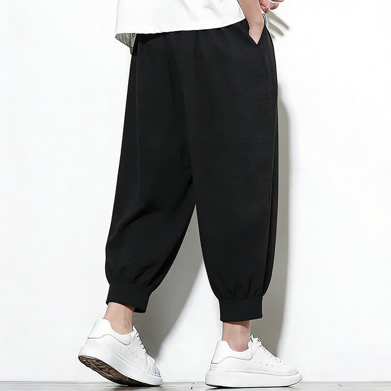 Buddha Stones Spring Solid Color Drawstring Elastic Design Men's Harem Capri Pants - image 26