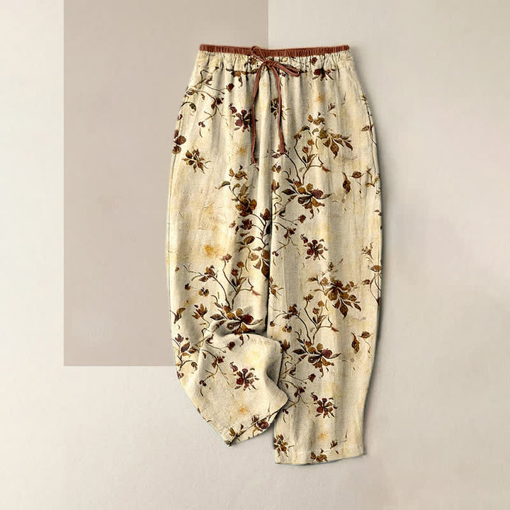 Buddha Stones Pure Cotton Retro Branch Flowers Pattern Elastic Waist Women's Pants With Pockets - LemonChiffon - US16，UK/AU20，EU48 (3XL) - image 0