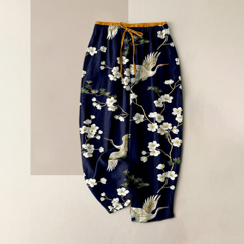 Buddha Stones Pure Cotton Crane Plum Blossom Elastic Waist Women's Pants With Pockets - MidnightBlue - US16，UK/AU20，EU48 (3XL) - image 0