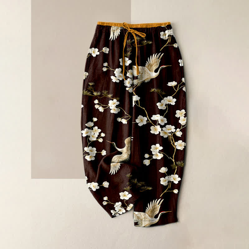 Buddha Stones Pure Cotton Crane Plum Blossom Elastic Waist Women's Pants With Pockets - Maroon - US16，UK/AU20，EU48 (3XL) - image 4