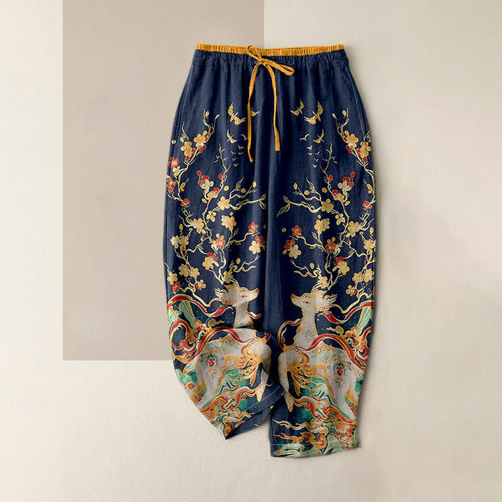 Buddha Stones Pure Cotton Plum Blossoms Deer Drawstring Women's Pants With Pockets - MidnightBlue - US16，UK/AU20，EU48 (3XL) - image 0