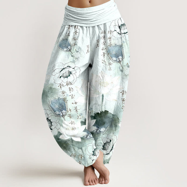 Buddha Stones Pure Cotton Lotus Flowers Fans Calligraphy Women's Harem Elastic Waist Pants - LightCyan - US16，UK/AU20，EU48 (3XL) - image 0