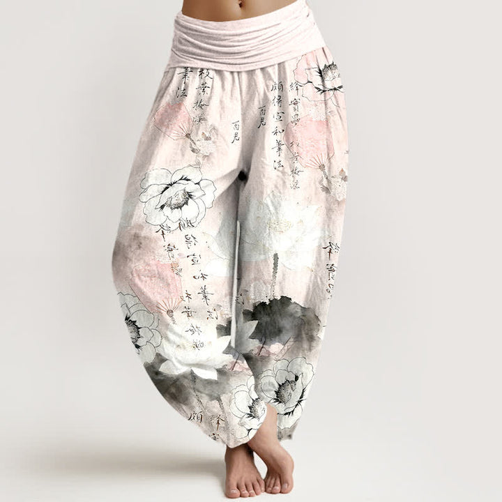 Buddha Stones Pure Cotton Lotus Flowers Fans Calligraphy Women's Harem Elastic Waist Pants - LavenderBlush - US16，UK/AU20，EU48 (3XL) - image 8
