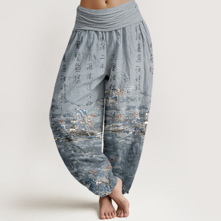 Buddha Stones Gradient Calligraphy Landscape High Waist Women's Harem Pure Cotton Pants - DarkGray - US16，UK/AU20，EU48 (3XL) - image 8