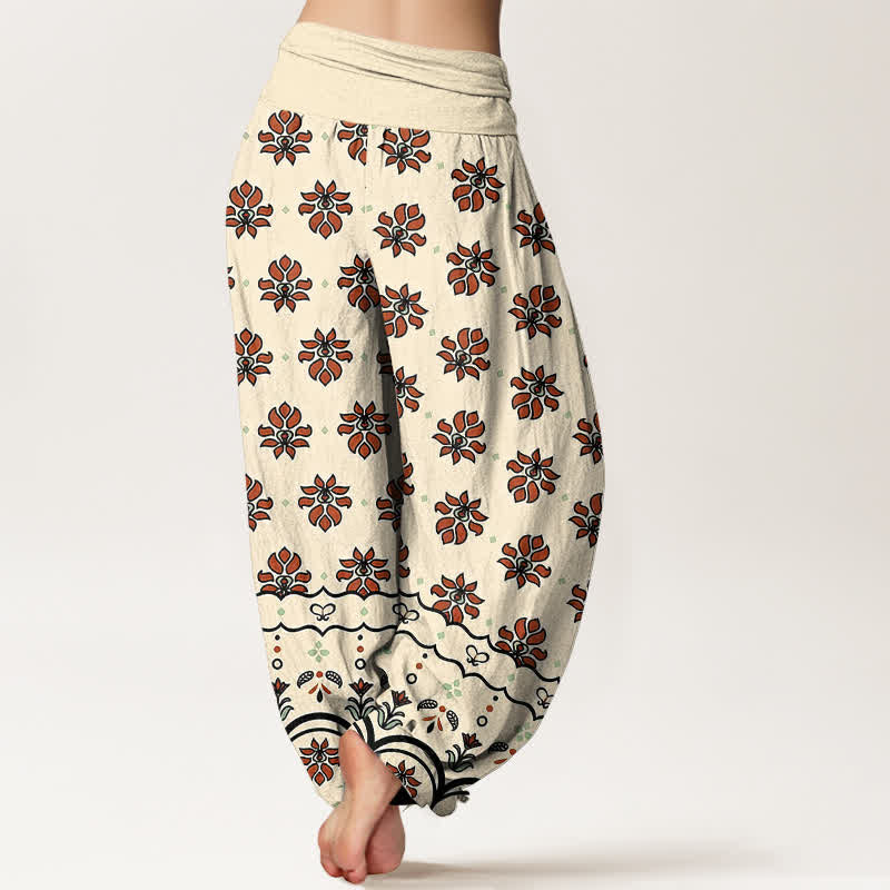 Buddha Stones Floral Pattern Pure Cotton Women's Harem Elastic High Waist Pants - image 1