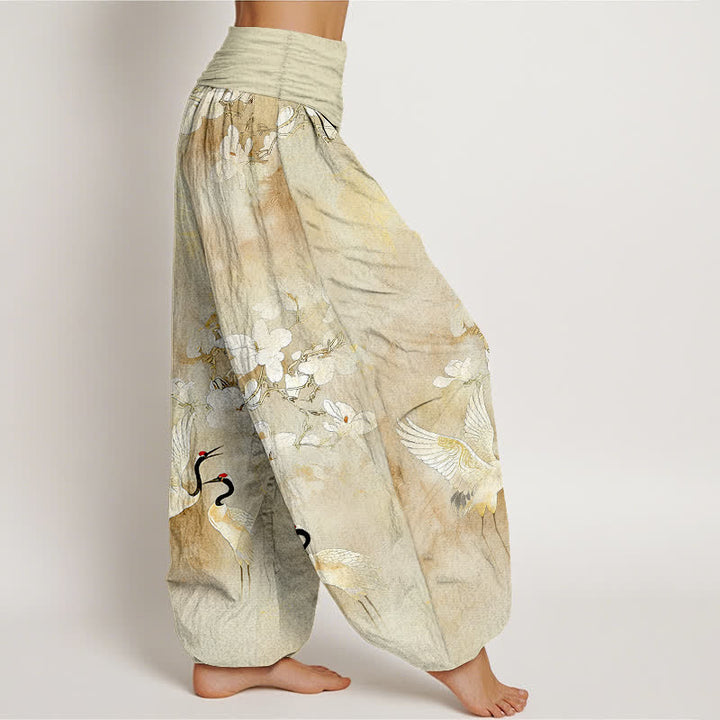Buddha Stones Crane Blooming Flowers High Waist Women's Harem Pure Cotton Pants - image 10