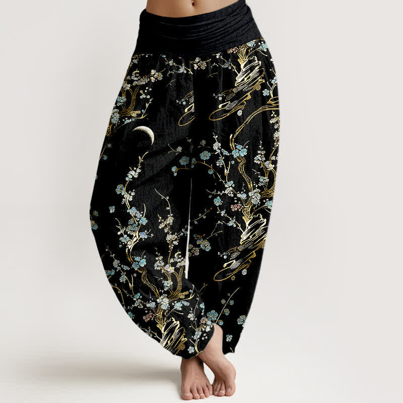 Buddha Stones Pure Cotton Plum Blossom Branches Elastic Waist Women's Harem Pants - Black - US16，UK/AU20，EU48 (3XL) - image 0