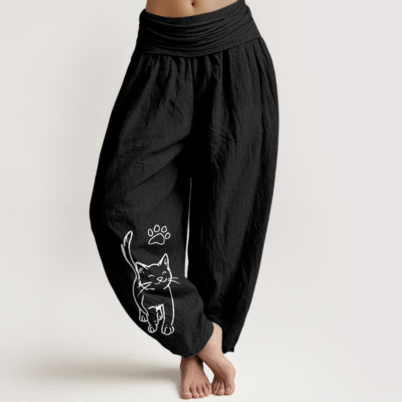 Buddha Stones Pure Cotton Cute Cat Print Women's Harem Elastic Waist Pants - Black - US16，UK/AU20，EU48 (3XL) - image 5