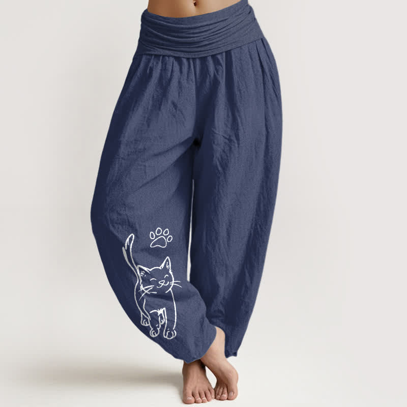 Buddha Stones Pure Cotton Cute Cat Print Women's Harem Elastic Waist Pants - DarkSlateBlue - US16，UK/AU20，EU48 (3XL) - image 8