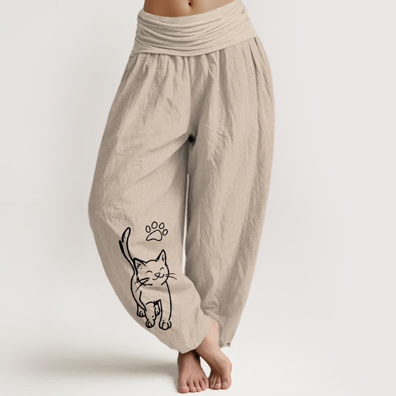 Buddha Stones Pure Cotton Cute Cat Print Women's Harem Elastic Waist Pants - Tan - US16，UK/AU20，EU48 (3XL) - image 11