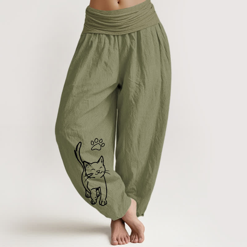 Buddha Stones Pure Cotton Cute Cat Print Women's Harem Elastic Waist Pants - OliveDrab - US16，UK/AU20，EU48 (3XL) - image 14