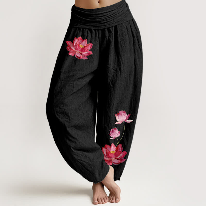 Buddha Stones Pink Lotus Print High Elastic Waist Women's Harem Pure Cotton Pants - Black - US16，UK/AU20，EU48 (3XL) - image 0