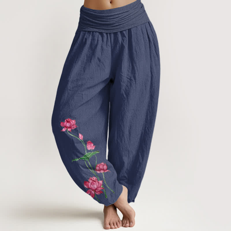 Buddha Stones Pure Cotton Lotus Flower Lotus Leaves Pattern Women's Harem Elastic Waist Pants  - DarkSlateBlue - US16，UK/AU20，EU48 (3XL) - image 0