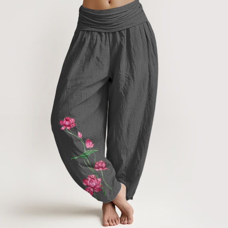 Buddha Stones Pure Cotton Lotus Flower Lotus Leaves Pattern Women's Harem Elastic Waist Pants  - DimGray - US16，UK/AU20，EU48 (3XL) - image 8