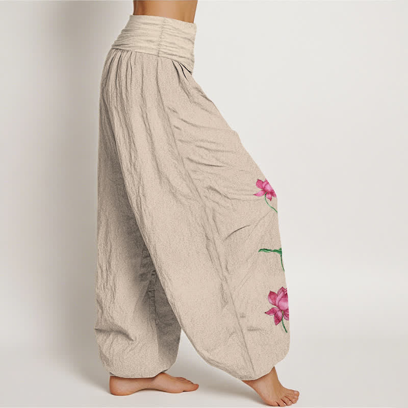 Buddha Stones Pure Cotton Lotus Flower Lotus Leaves Pattern Women's Harem Elastic Waist Pants  - image 13
