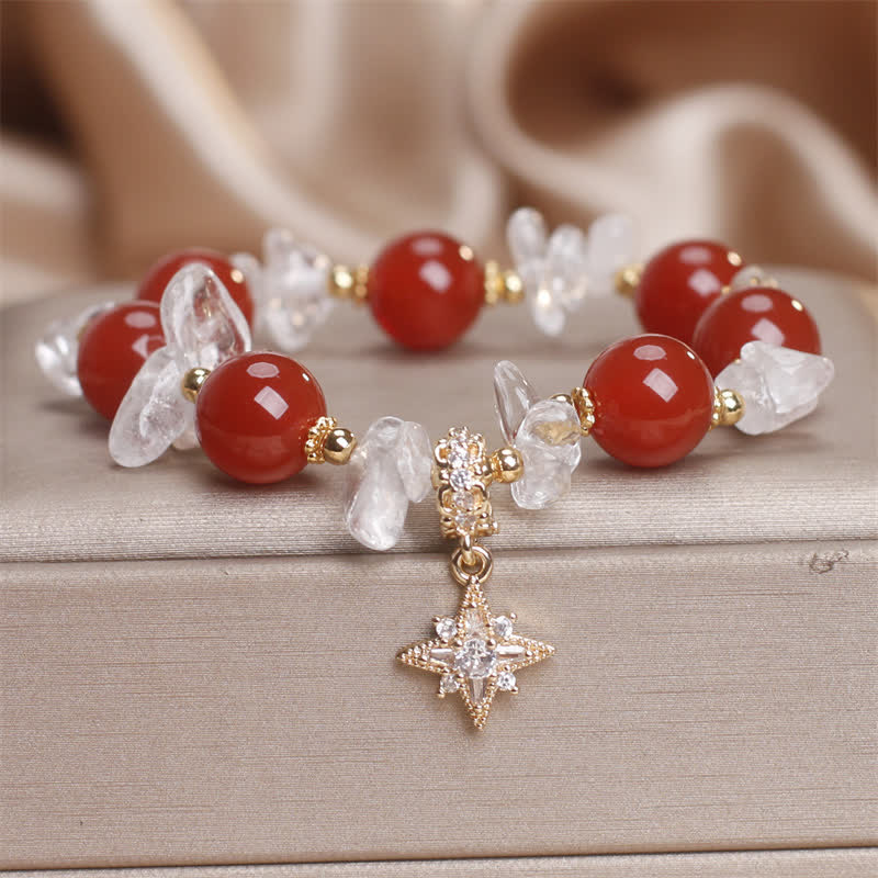 Buddha Stones Natural Red Agate Clear Quartz Hexagram Charm Confidence Bracelet - Red Agate(Wrist Circumference 15-16cm) - image 0