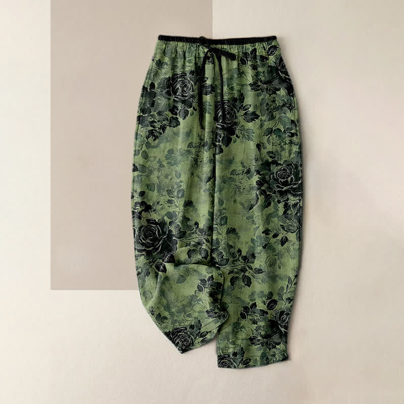 Buddha Stones Pure Cotton Rose Pattern Elastic Waist Drawstring Women's Pants With Pockets - MediumSeaGreen - US16，UK/AU20，EU48 (3XL) - image 0