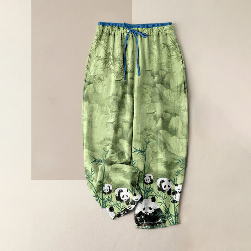 Buddha Stones Cotton Pandas Bamboo Print Elastic Waist Women's Pants With Pockets - PaleGreen - US16，UK/AU20，EU48 (3XL) - image 0