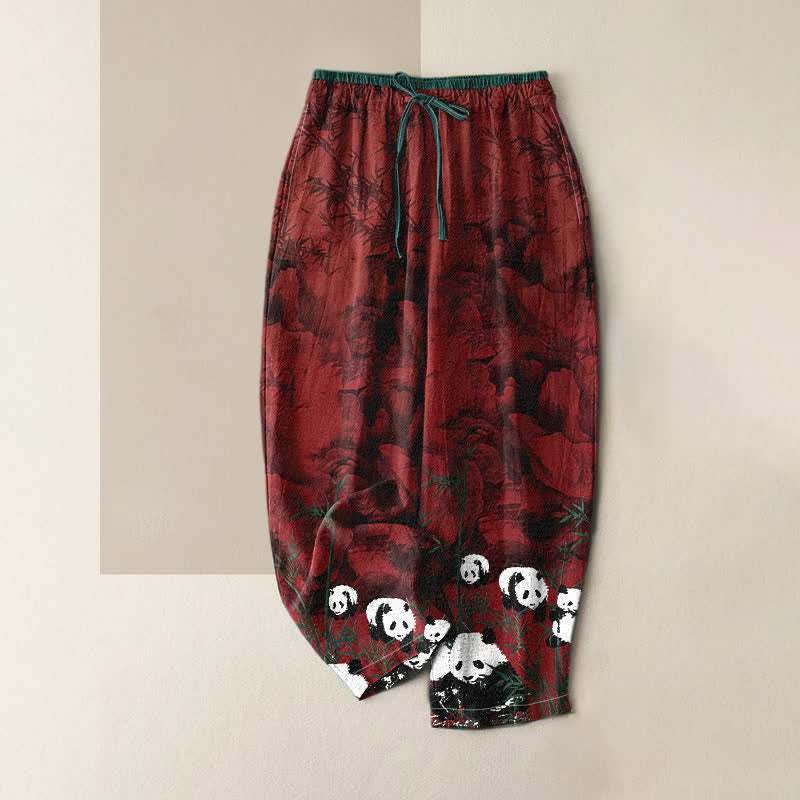 Buddha Stones Cotton Pandas Bamboo Print Elastic Waist Women's Pants With Pockets - Maroon - US16，UK/AU20，EU48 (3XL) - image 3