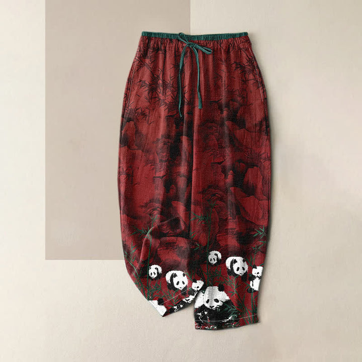 Buddha Stones Cotton Pandas Bamboo Print Elastic Waist Women's Pants With Pockets - Maroon - US16，UK/AU20，EU48 (3XL) - image 3