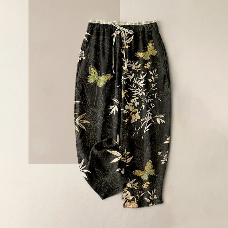 Buddha Stones Pure Cotton Butterfly leaves Flowers Pattern Drawstring Colorful Women's Pants With Pockets - Black - US16，UK/AU20，EU48 (3XL) - image 0