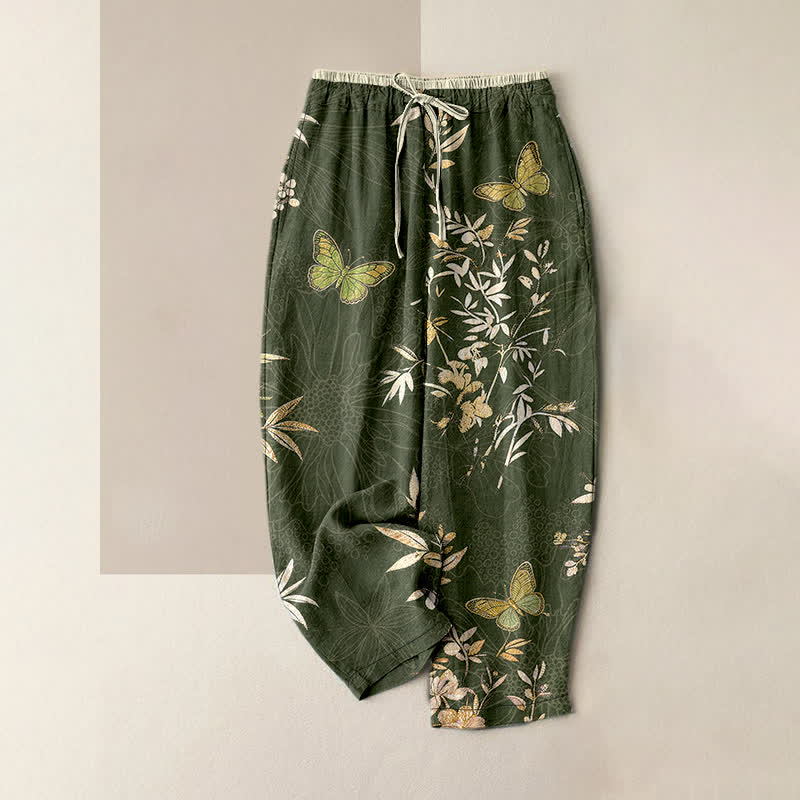 Buddha Stones Pure Cotton Butterfly leaves Flowers Pattern Drawstring Colorful Women's Pants With Pockets - DarkOliveGreen - US16，UK/AU20，EU48 (3XL) - image 4