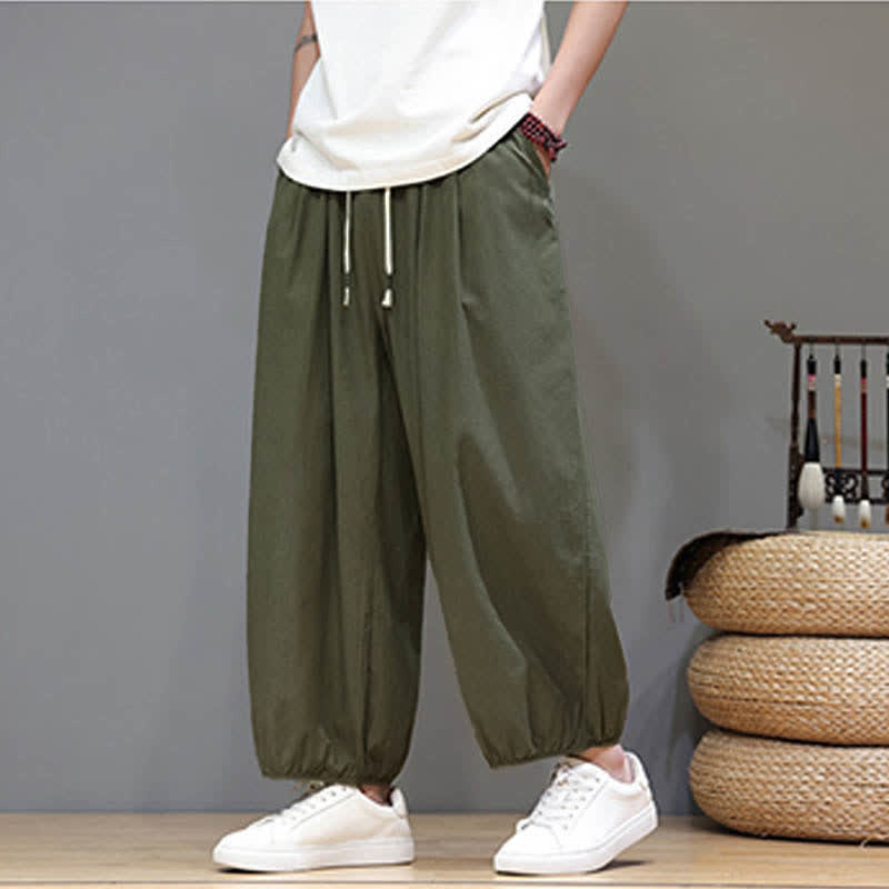 Buddha Stones Summer Zen Elastic Waist Cuff Men's Cropped Harem Pants With Pockets - image 8