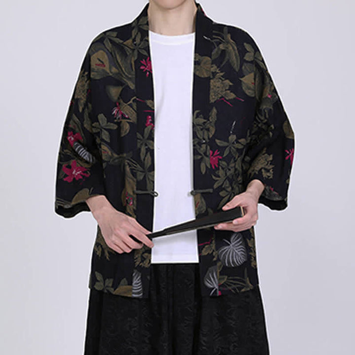 Buddha Stones Summer Tropical Leaf Print Linen Blend Men's Short Sleeve Kimono - image 13