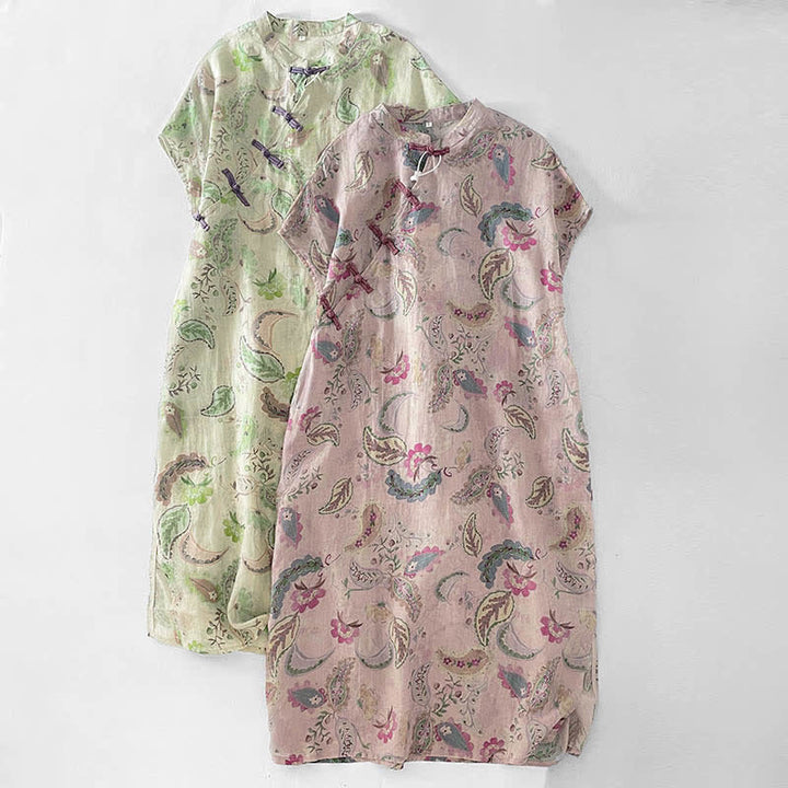 Buddha Stones Summer Vintage Paisley Floral Mandarin Collar Women's Short Sleeve Dresses With Pockets - image 20