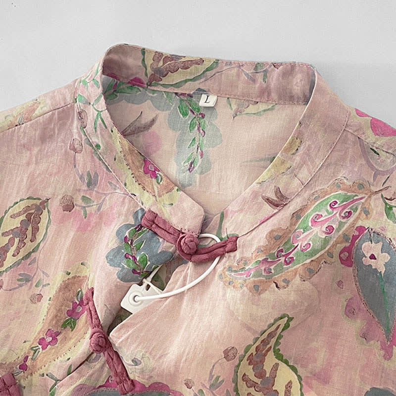 Buddha Stones Summer Vintage Paisley Floral Mandarin Collar Women's Short Sleeve Dresses With Pockets - image 3