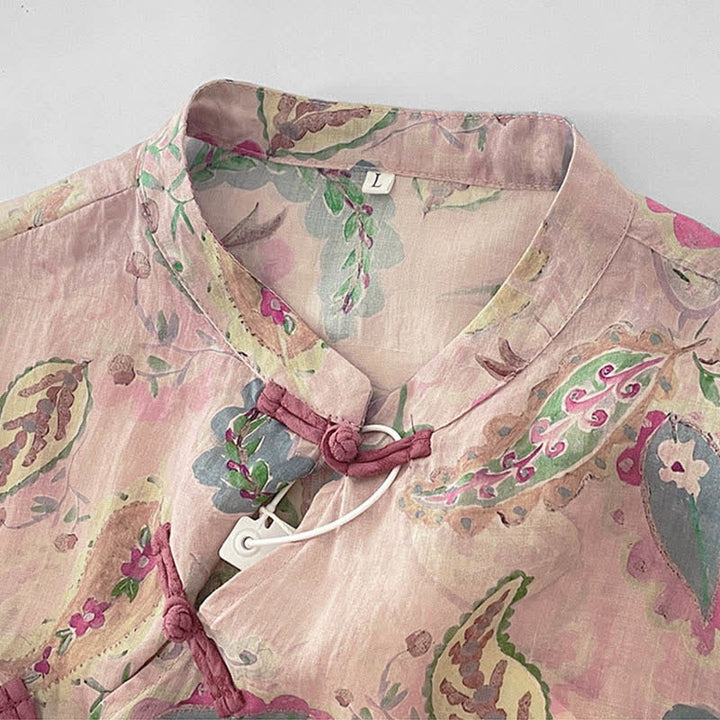 Buddha Stones Summer Vintage Paisley Floral Mandarin Collar Women's Short Sleeve Dresses With Pockets - image 3