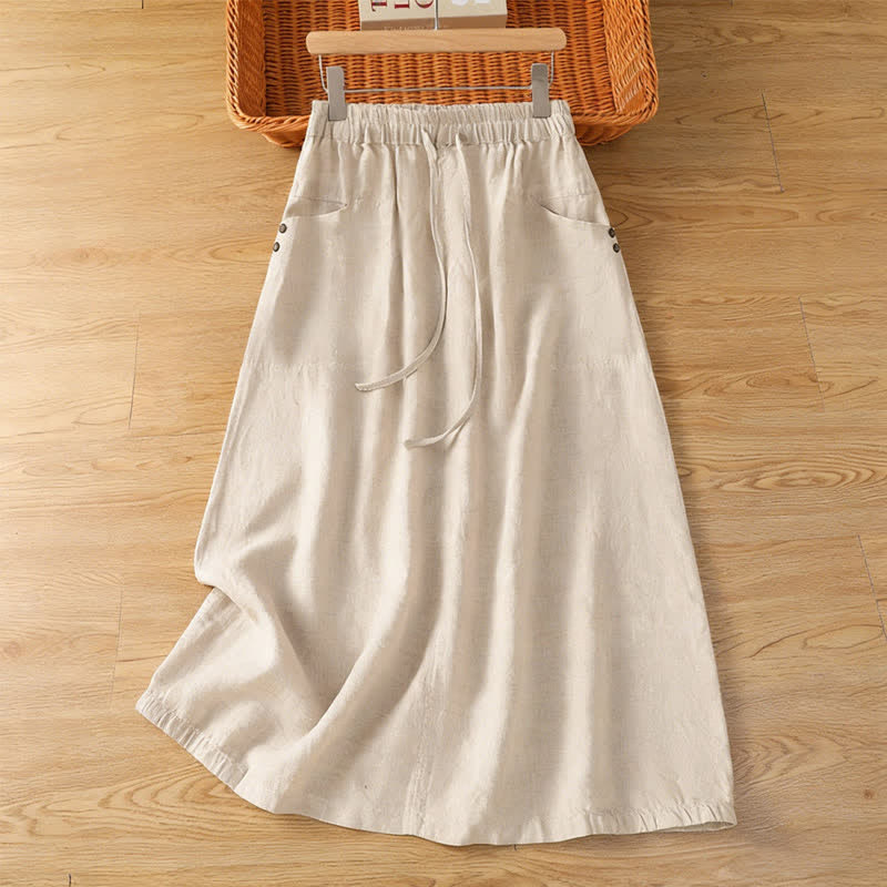 Buddha Stones Spring Casual Drawstring Solid Women's Skirts With Pockets - Linen - US8-10，UK/AU12-14，EU40-42 (2XL) - image 0