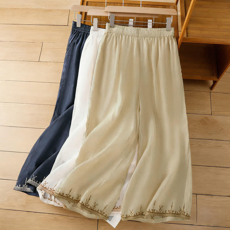 Buddha Stones Summer Boho Embroidery Solid Women's Wide Leg Pants With Pockets - image 25