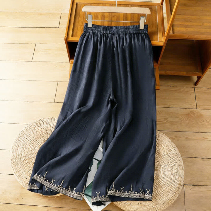 Buddha Stones Summer Boho Embroidery Solid Women's Wide Leg Pants With Pockets - MidnightBlue - US8-10，UK/AU12-14，EU40-42 (2XL) - image 0