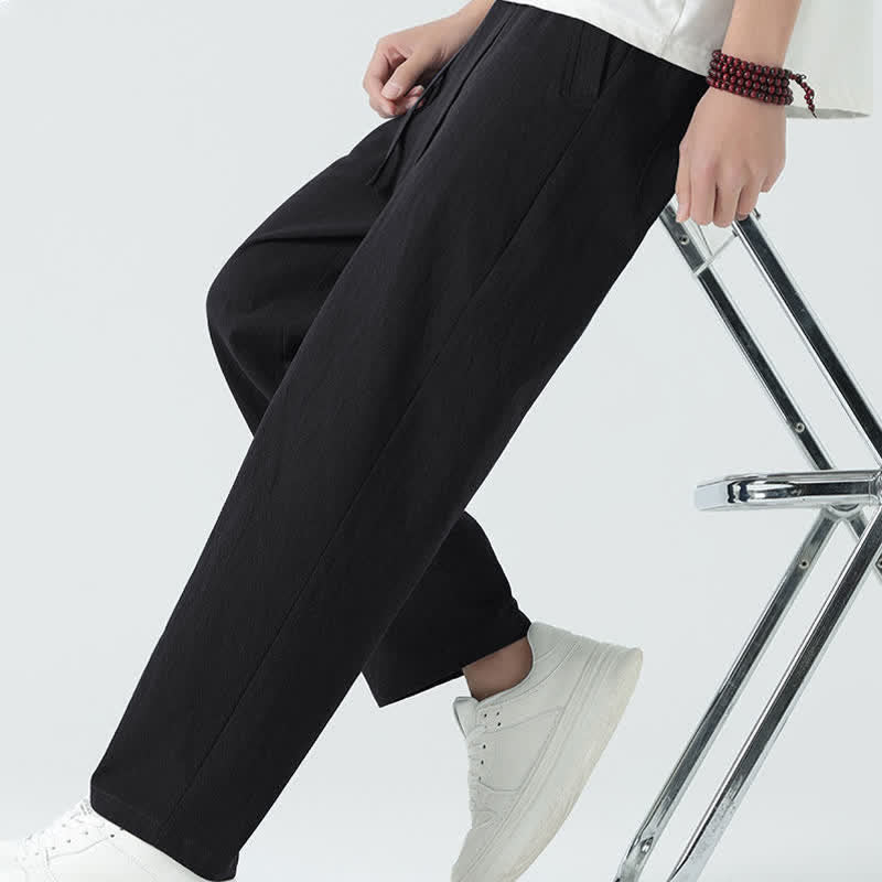 Buddha Stones Summer Cotton Minimalist Elastic Waist Men's Straight Pants With Pockets - image 12