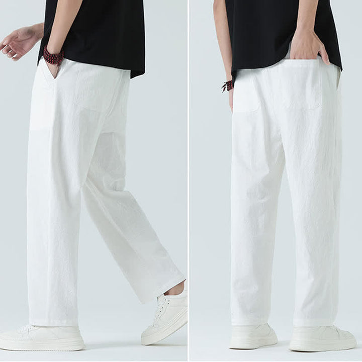 Buddha Stones Summer Cotton Minimalist Elastic Waist Men's Straight Pants With Pockets - image 18