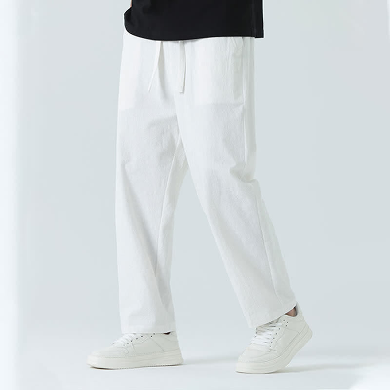 Buddha Stones Summer Cotton Minimalist Elastic Waist Men's Straight Pants With Pockets - image 16